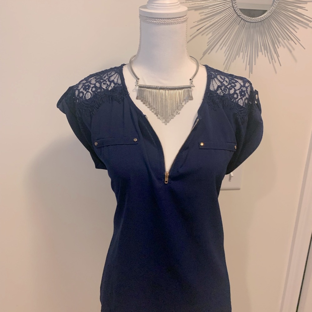 Reese Roll Cuff Cap Sleeve High Low Navy Blouse with Lace Detailing